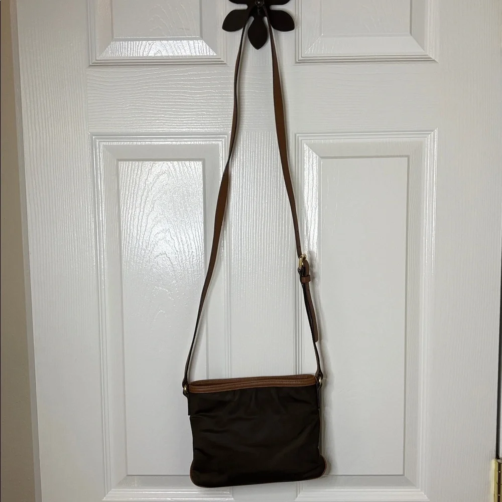 Michael Kors Two Tone Brown Crossbody Bag with Leather and Brass Accents Small